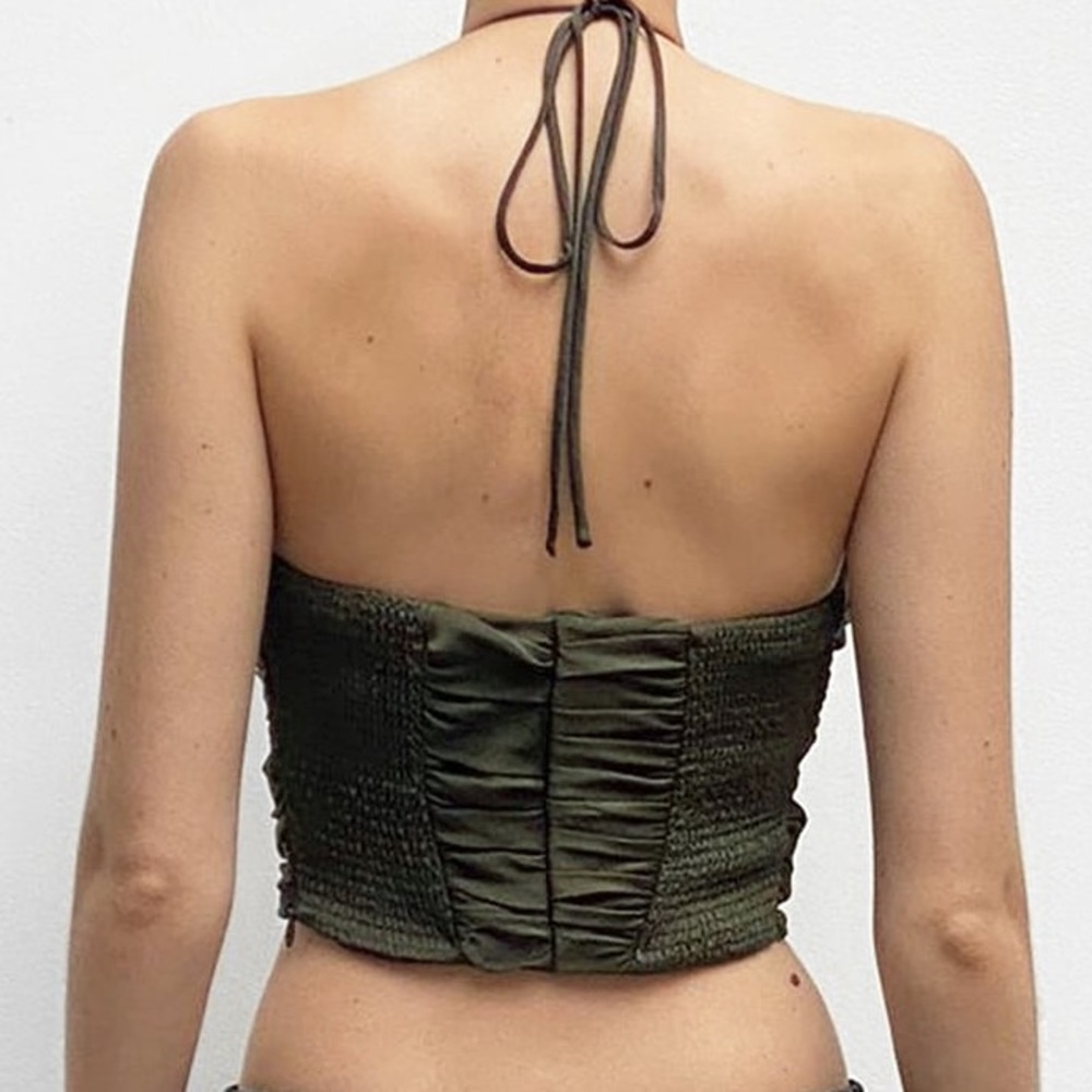 Zara NWT ruched satin halter top crop top — army green color only - Picture 4 of 8